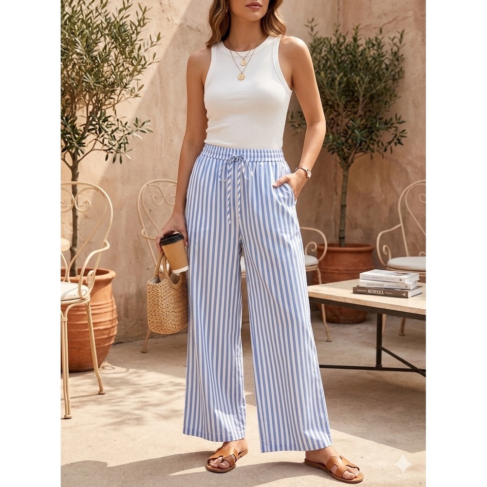 PrettyGarden Blue White Striped Wide Leg Pants Drawstring Elastic Waist‎ Large